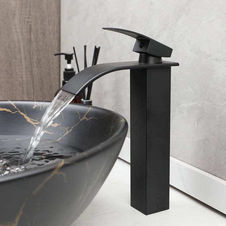 TORAYVINO Ceramic Bathroom Basin Sink Faucet Set Matter Black Vessel Vanity Top Sink Waterfall 2 Hole Single Handle Faucet Mixer