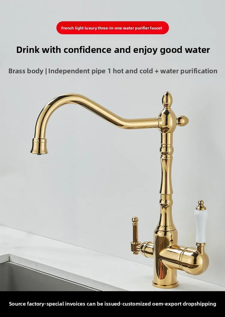 Brass light luxury three-in-one pure water faucet household sink washbasin hot and cold water faucet anti-splash