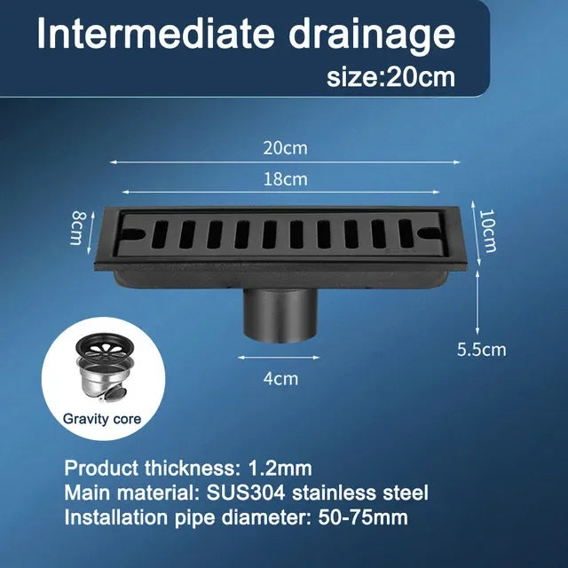 Black Floor Drain 304 Stainless Steel Shower Drain Long Strip Odor Proof Bathroom Floor Drainage Large Displacement