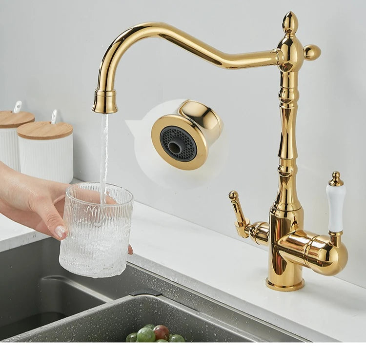 Brass light luxury three-in-one pure water faucet household sink washbasin hot and cold water faucet anti-splash