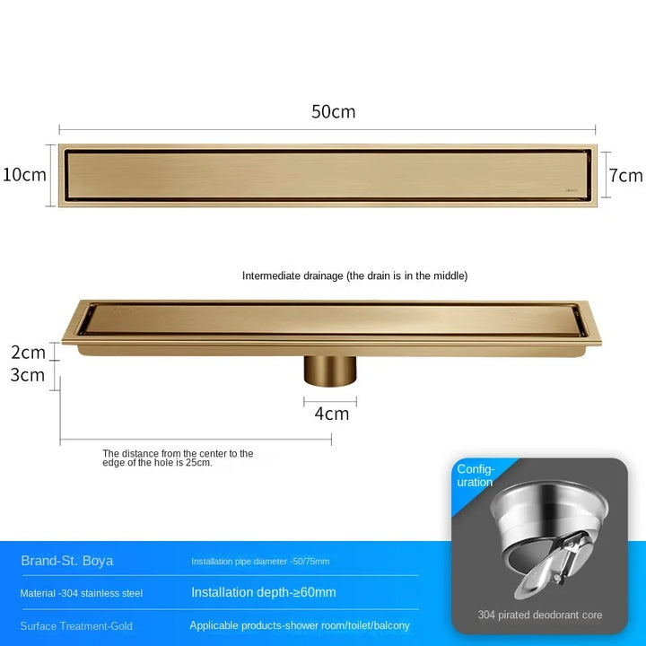 Luxury Hidden 304 Stainless Steel Rectangular Floor Drain Bathroom Toilet Drain Anti-Odor Filter Hair Extended Floor Drain