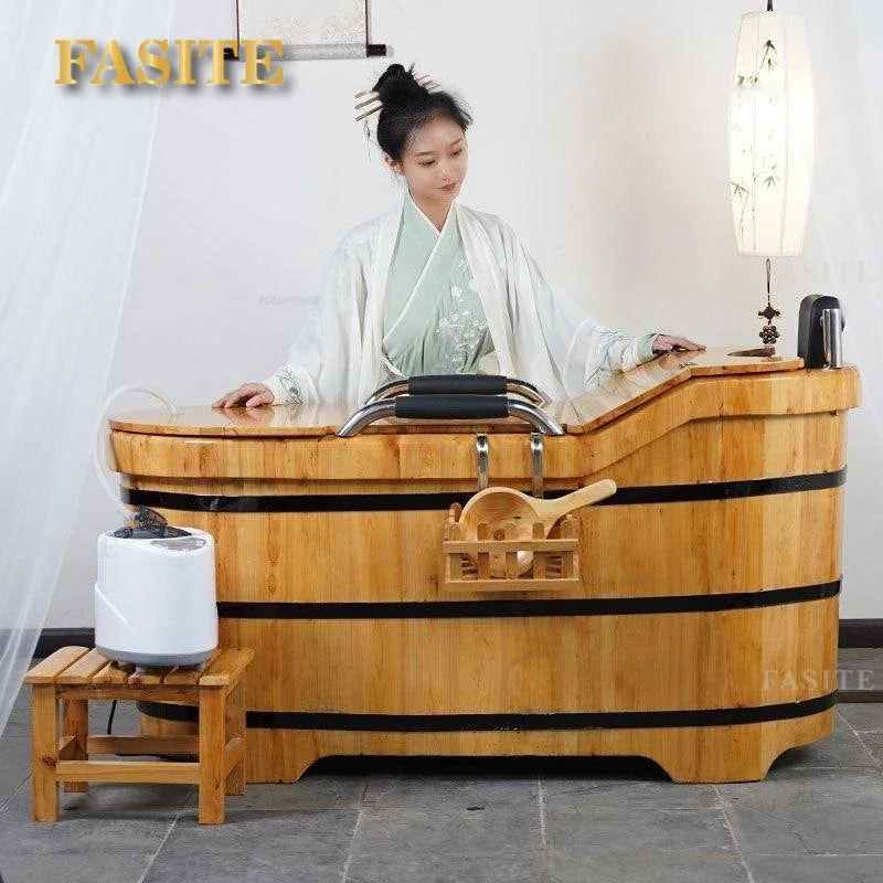 Portable Bathtubs Wooden Barrel Sweat Steaming with Cover Home Full Body Adult Bath Barrel Adult Home Beauty Salon Bath Tub