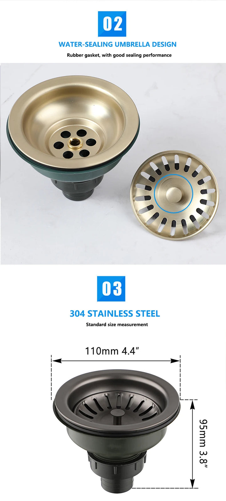 Torayvino High-Quality Kitchen Sink Stainless Steel Dish Drainer Strainer Stopper Combo Kit Drainage Waste Set SUS304 Filter