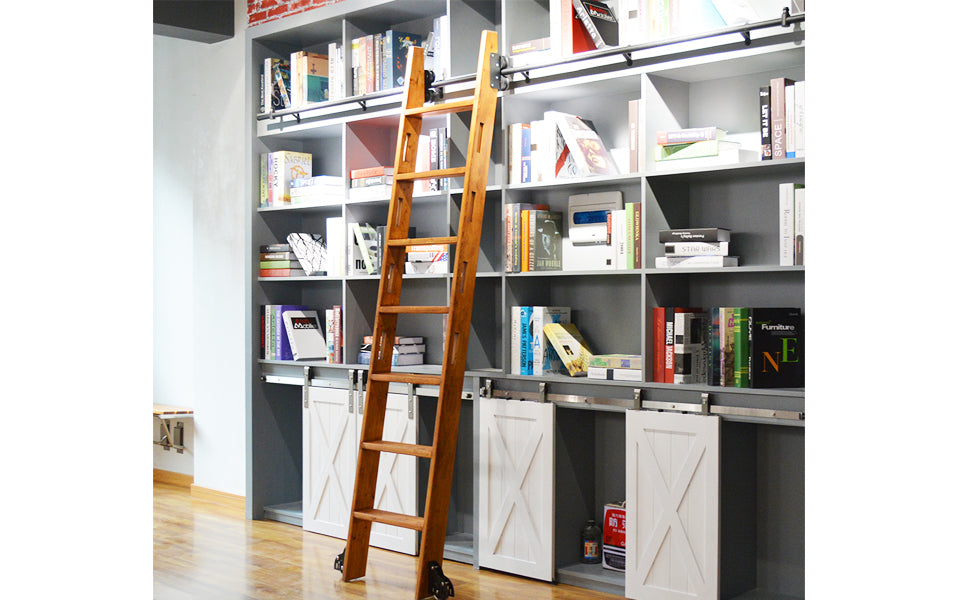 12FT(366cm) Sliding Library  Hardware Kit No Ladder，Black Rustic Round Tube Rolling Ladder Track,Floor Roller with Brake,Indoor