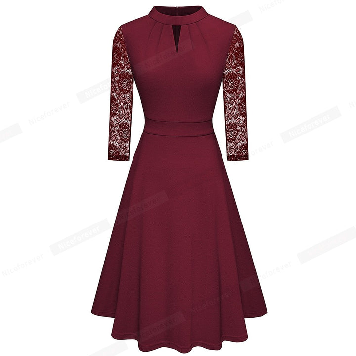 Nice-forever Autumn Solid Color with Hollow Out Lace Patchwork Retro Dresses Business Party Flare Swing Women Dress A234