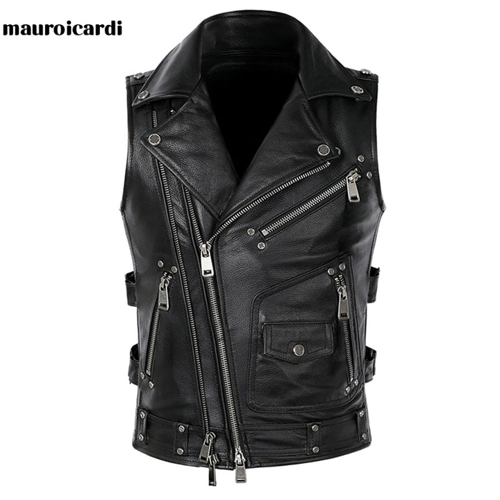 Mauroicardi  Black Motorcycle Leather Vest Men with Zipper Pockets