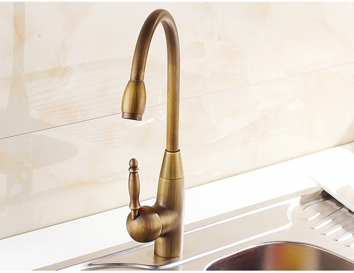 Antique Brass Finish Kitchen Faucet Bronze Single Handle Hot and Cold Water Sink Tap 360 Swivel Bathroom Sink Mixer Taps EK5013