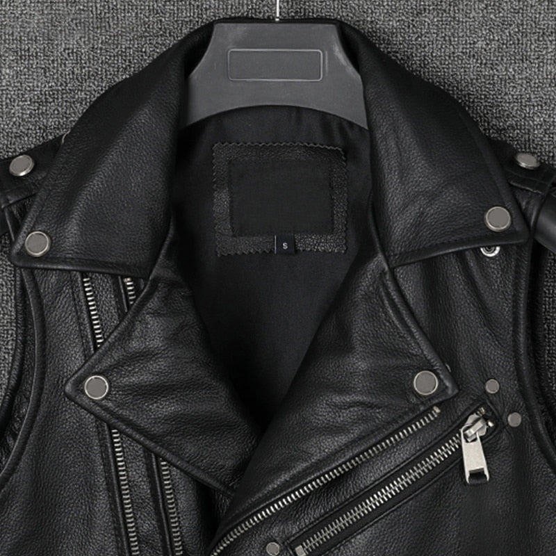 Mauroicardi  Black Motorcycle Leather Vest Men with Zipper Pockets