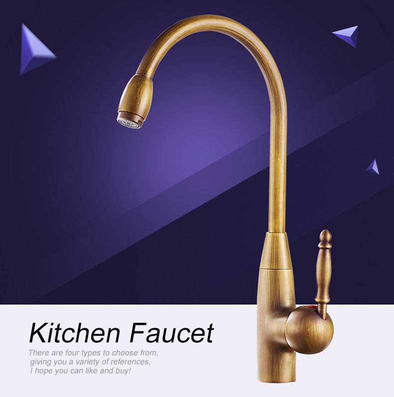 Antique Brass Finish Kitchen Faucet Bronze Single Handle Hot and Cold Water Sink Tap 360 Swivel Bathroom Sink Mixer Taps EK5013