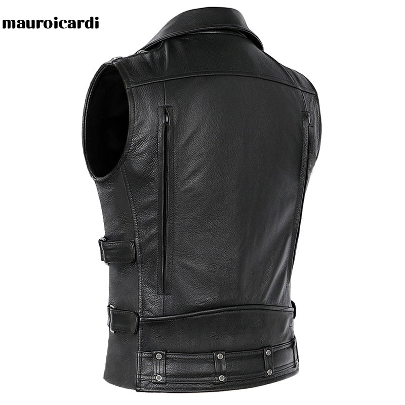 Mauroicardi  Black Motorcycle Leather Vest Men with Zipper Pockets