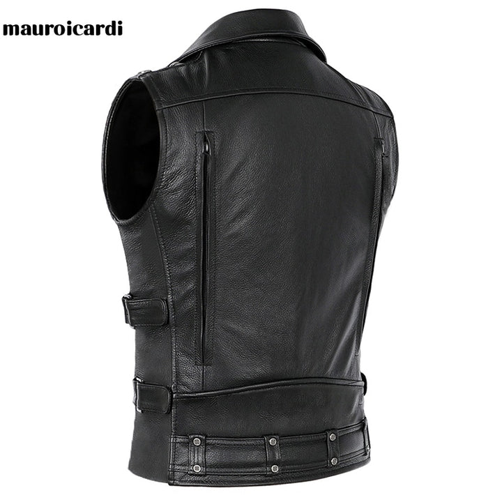 Mauroicardi  Black Motorcycle Leather Vest Men with Zipper Pockets