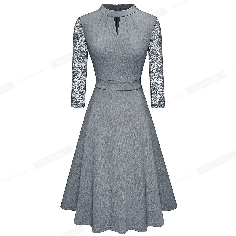 Nice-forever Autumn Solid Color with Hollow Out Lace Patchwork Retro Dresses Business Party Flare Swing Women Dress A234