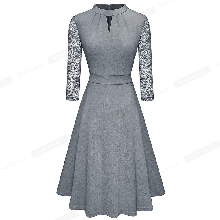 Nice-forever Autumn Solid Color with Hollow Out Lace Patchwork Retro Dresses Business Party Flare Swing Women Dress A234