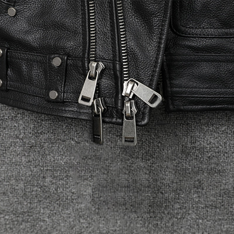 Mauroicardi  Black Motorcycle Leather Vest Men with Zipper Pockets