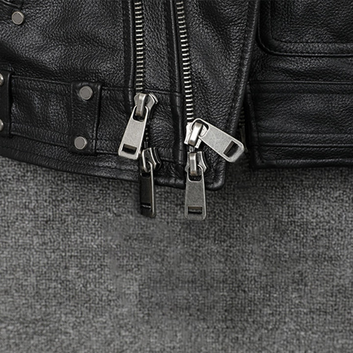 Mauroicardi  Black Motorcycle Leather Vest Men with Zipper Pockets