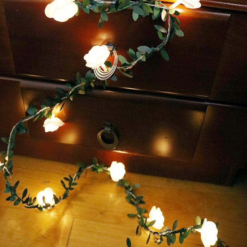 Rose Flower Vine String LED Lights Decoration Green Leaf Garland Battery/USB/Solar Powered 3m 5m 10m Warm White Fairy Lights