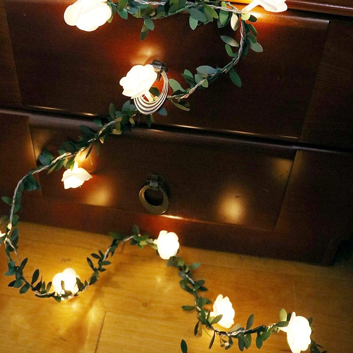 Rose Flower Vine String LED Lights Decoration Green Leaf Garland Battery/USB/Solar Powered 3m 5m 10m Warm White Fairy Lights