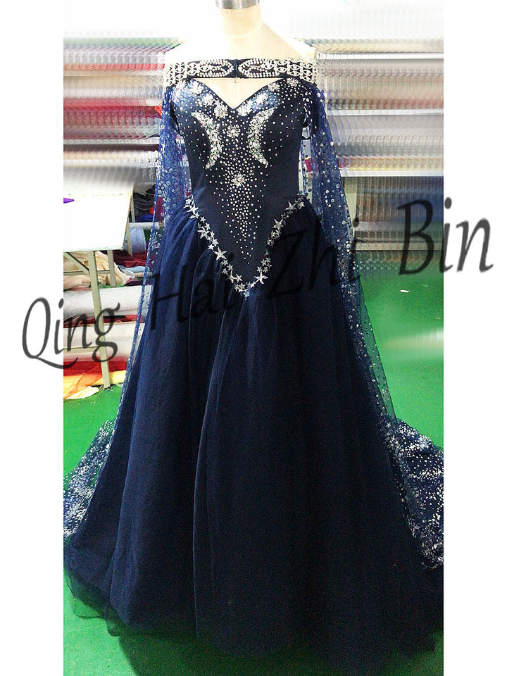 2019 V-Neck Off-The-Shoulder Sleeveless A-Line Floor-Length Tulle Coming-Of-Age Ceremony Dress Stars&amp;Beading&amp;Cloak Free Shipping