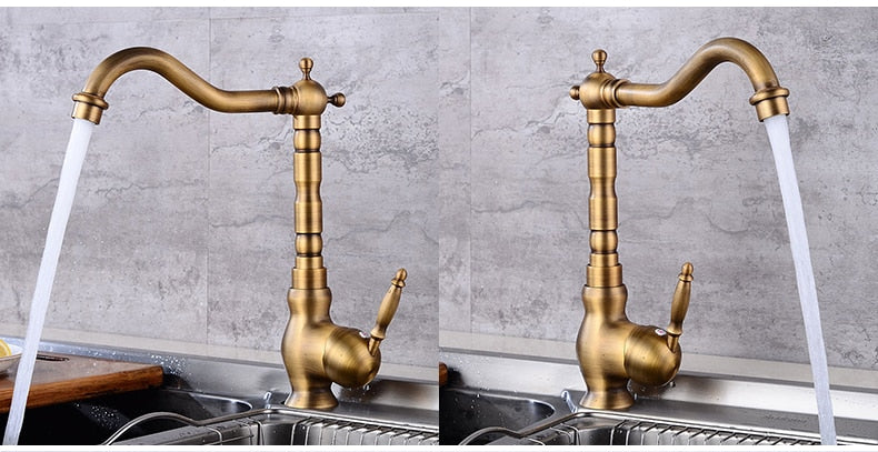 Antique Brass Finish Kitchen Faucet Bronze Single Handle Hot and Cold Water Sink Tap 360 Swivel Bathroom Sink Mixer Taps EK5013