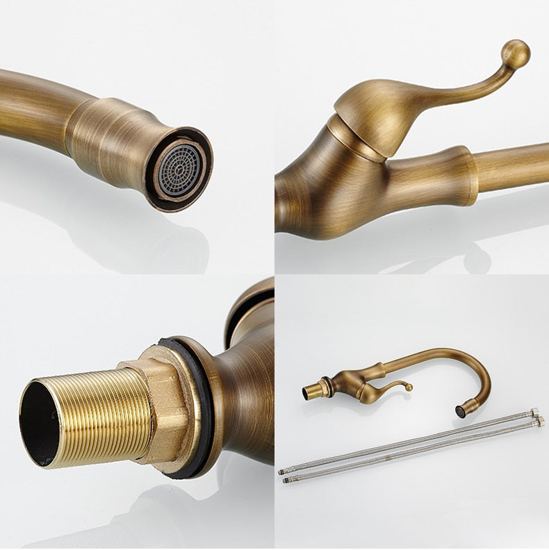 Antique Brass Finish Kitchen Faucet Bronze Single Handle Hot and Cold Water Sink Tap 360 Swivel Bathroom Sink Mixer Taps EK5013