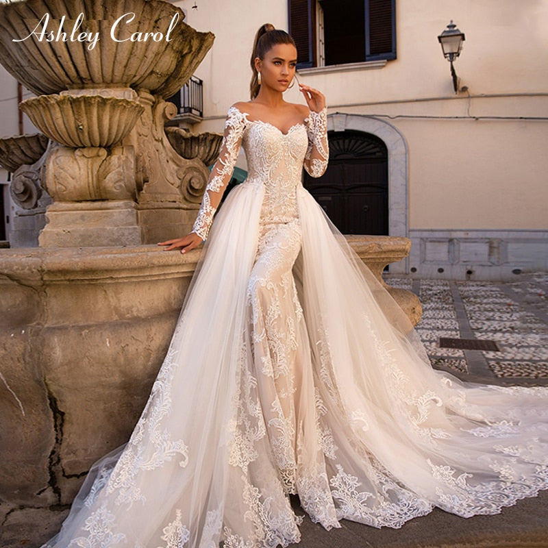 Ashley Carol Sexy Mermaid Wedding Dress 2023 Sweetheart Long Sleeve Detachable Train 2 In 1 Lace Wedding Gowns Vestidos De Novia