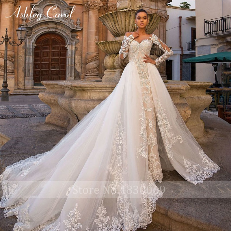 Ashley Carol Sexy Mermaid Wedding Dress 2023 Sweetheart Long Sleeve Detachable Train 2 In 1 Lace Wedding Gowns Vestidos De Novia