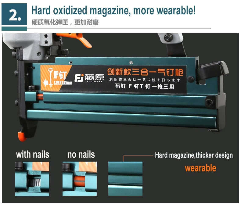FUJIWARA 3-in-1 Carpenter Pneumatic Nail Gun 18Ga/20Ga Wood Air Stapler F10-F50, T20-T50, 440K Nails