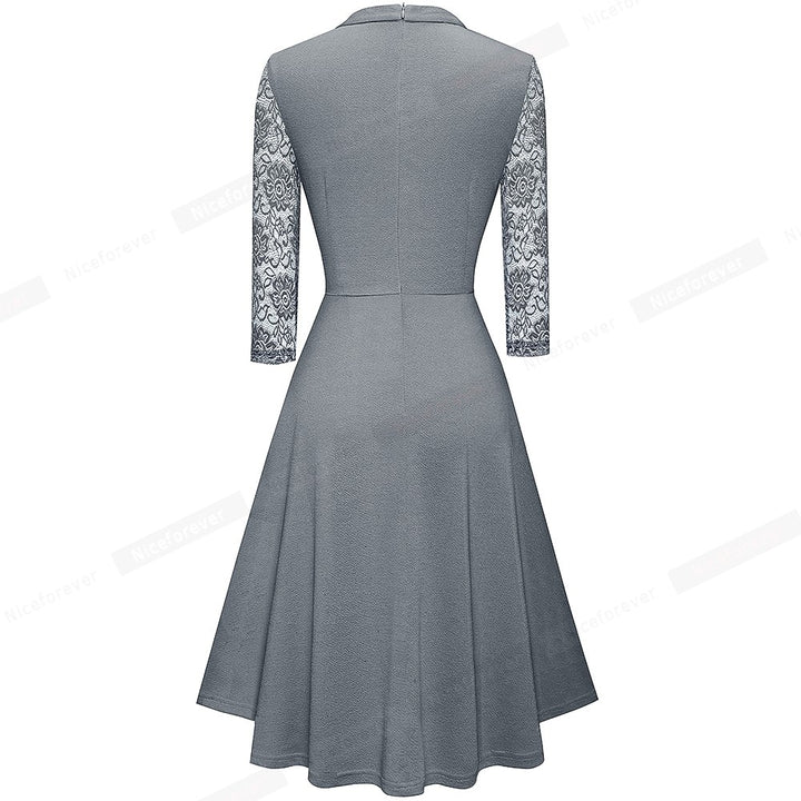 Nice-forever Autumn Solid Color with Hollow Out Lace Patchwork Retro Dresses Business Party Flare Swing Women Dress A234