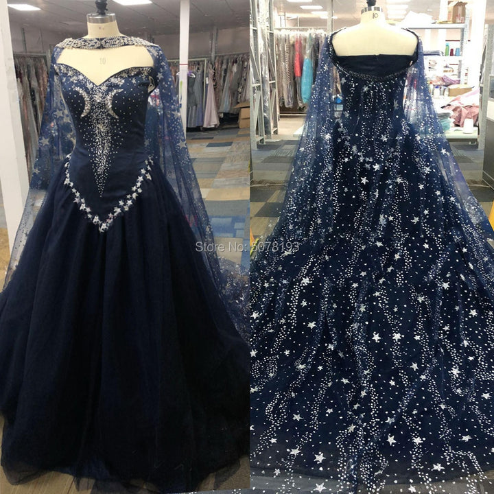 2019 V-Neck Off-The-Shoulder Sleeveless A-Line Floor-Length Tulle Coming-Of-Age Ceremony Dress Stars&amp;Beading&amp;Cloak Free Shipping