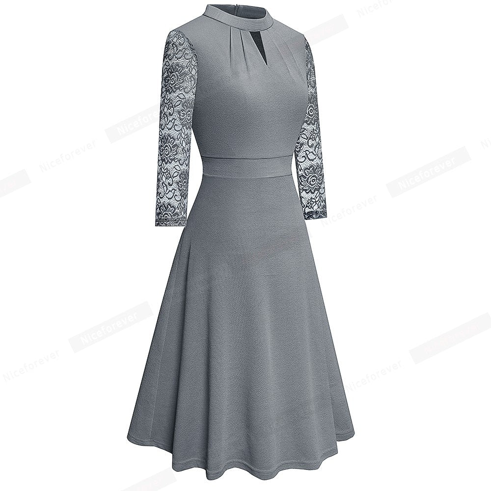 Nice-forever Autumn Solid Color with Hollow Out Lace Patchwork Retro Dresses Business Party Flare Swing Women Dress A234