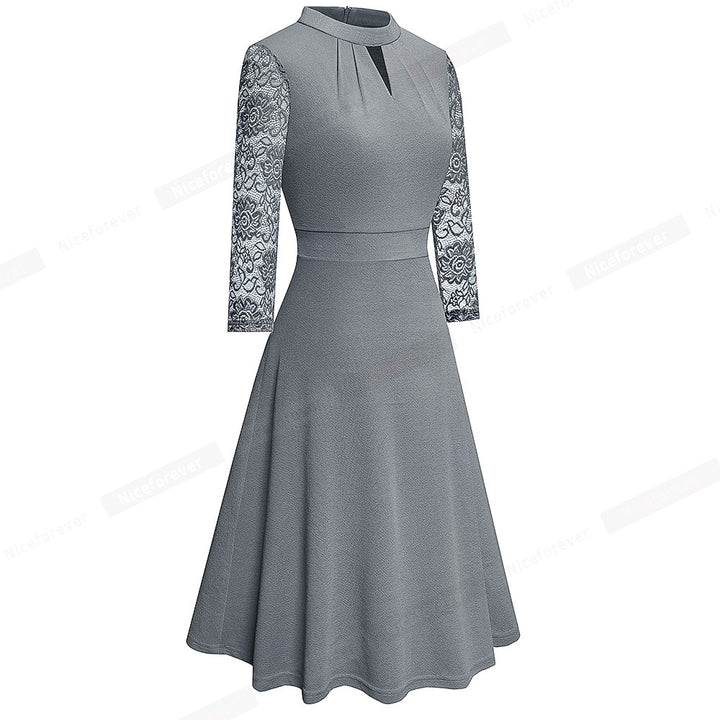Nice-forever Autumn Solid Color with Hollow Out Lace Patchwork Retro Dresses Business Party Flare Swing Women Dress A234
