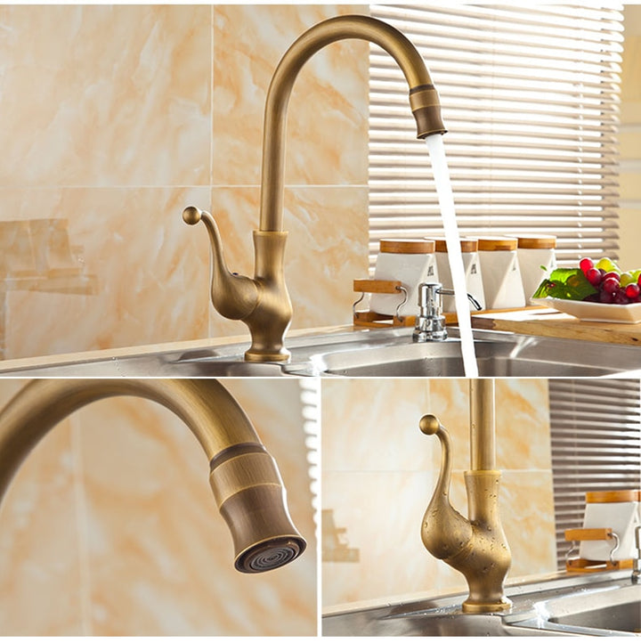 Antique Brass Finish Kitchen Faucet Bronze Single Handle Hot and Cold Water Sink Tap 360 Swivel Bathroom Sink Mixer Taps EK5013