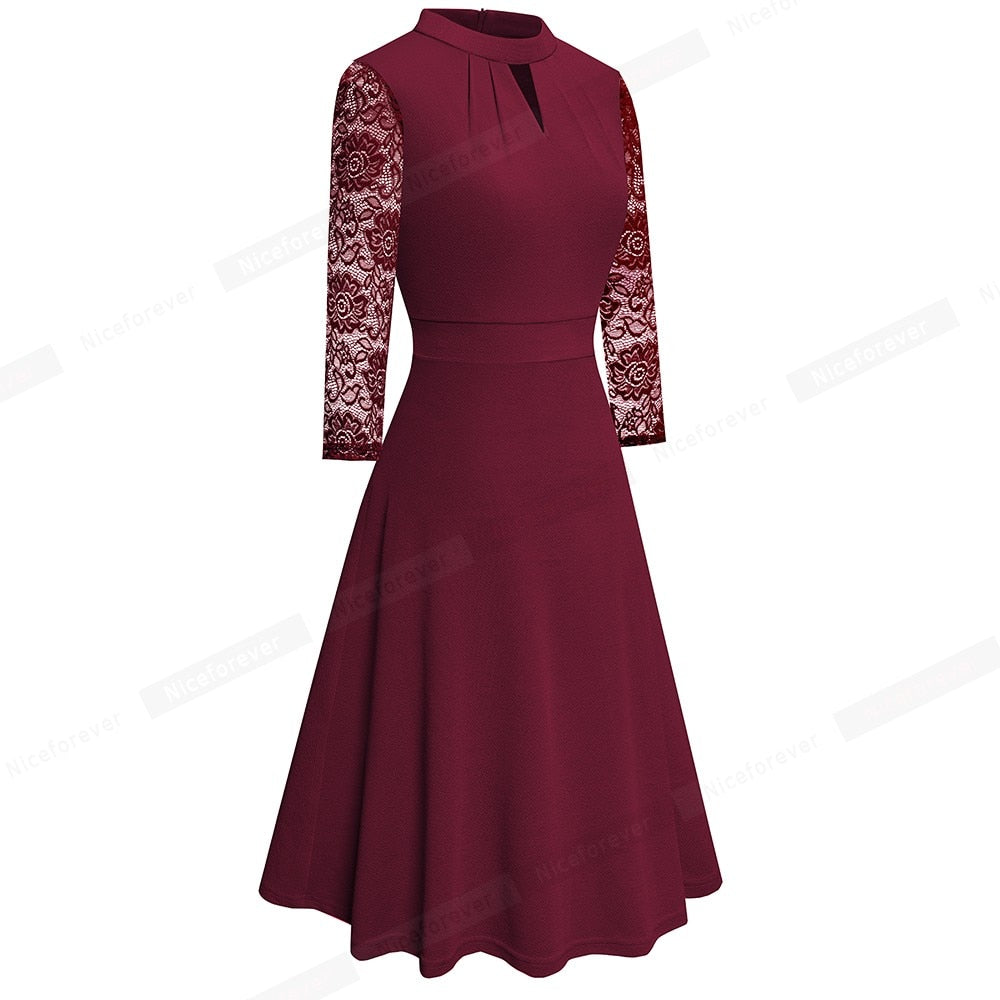 Nice-forever Autumn Solid Color with Hollow Out Lace Patchwork Retro Dresses Business Party Flare Swing Women Dress A234