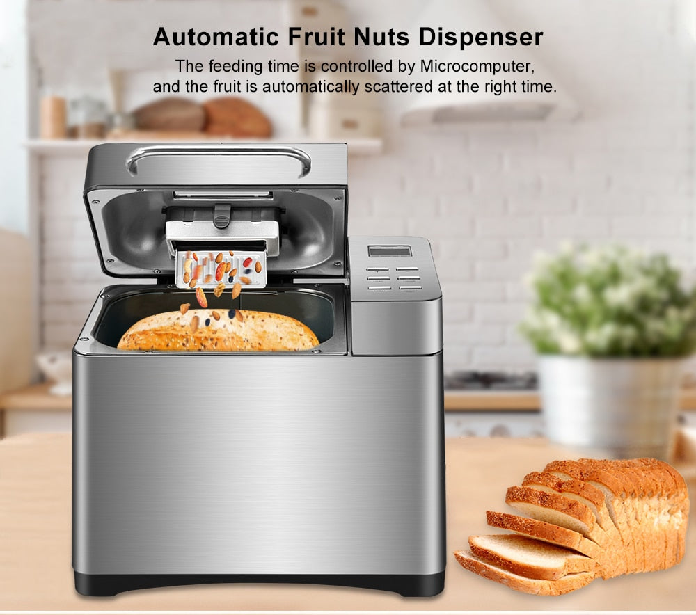 Biolomix Stainless Steel 1KG 19-in-1 Automatic Bread Maker 650W Programmable Bread Machine with 3 Loaf Sizes Fruit Nut Dispenser