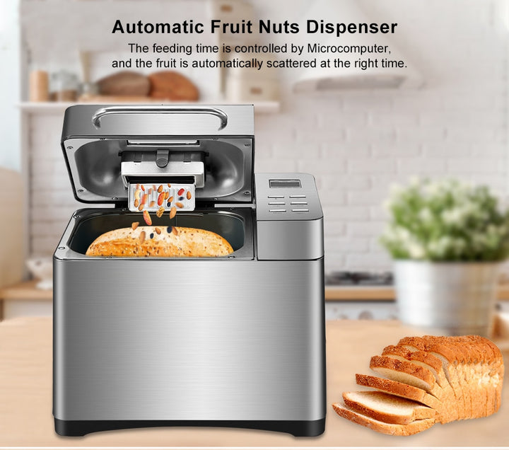 Biolomix Stainless Steel 1KG 19-in-1 Automatic Bread Maker 650W Programmable Bread Machine with 3 Loaf Sizes Fruit Nut Dispenser