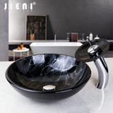 JIENI Victory Hand Painting Artistic Glass Basin Washbasin Counter Tempered Glass Sink Brass Faucet Set Thunder Lighting Figure