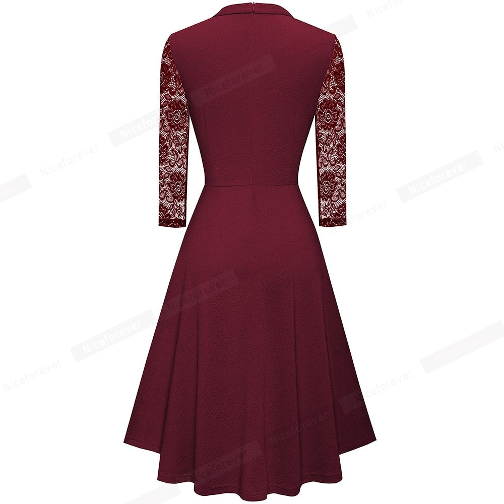 Nice-forever Autumn Solid Color with Hollow Out Lace Patchwork Retro Dresses Business Party Flare Swing Women Dress A234
