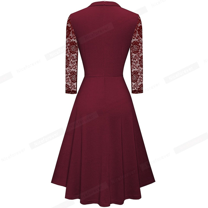 Nice-forever Autumn Solid Color with Hollow Out Lace Patchwork Retro Dresses Business Party Flare Swing Women Dress A234