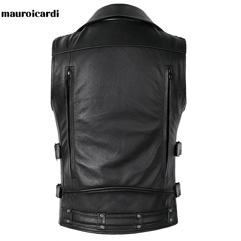 Mauroicardi  Black Motorcycle Leather Vest Men with Zipper Pockets