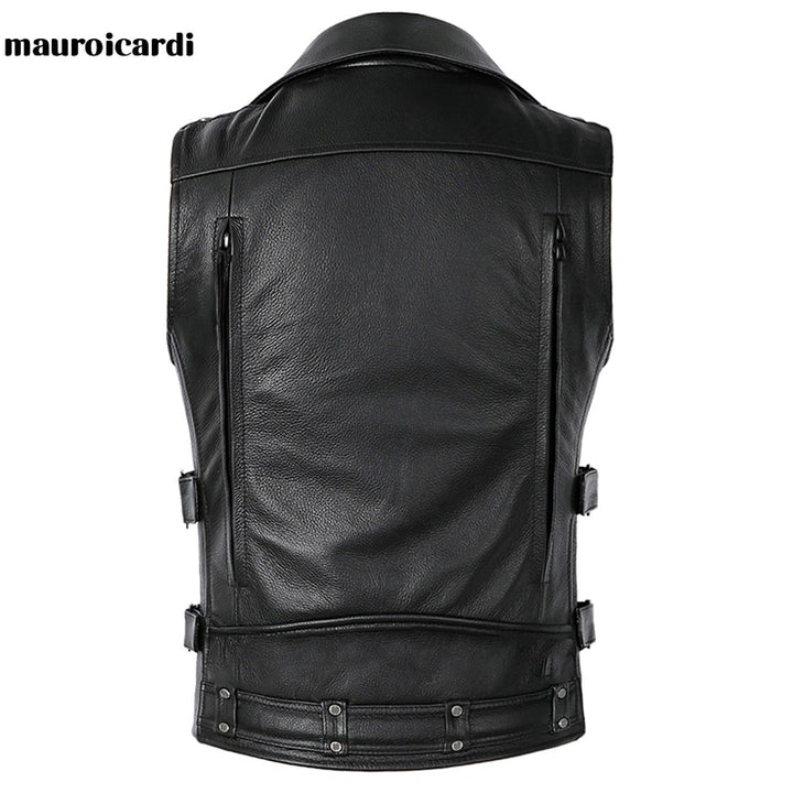 Mauroicardi  Black Motorcycle Leather Vest Men with Zipper Pockets
