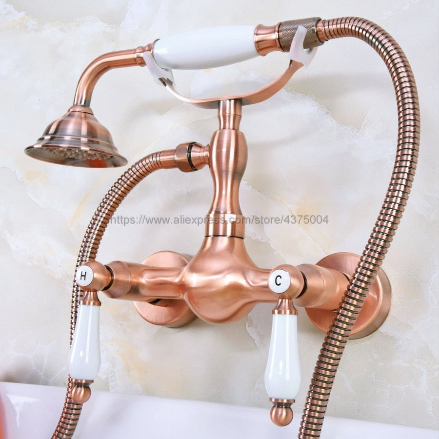 Antique Red Copper Wall Mount Telephone Bath Faucet Mixer Tap w/ Handheld Spray Shower Kna308