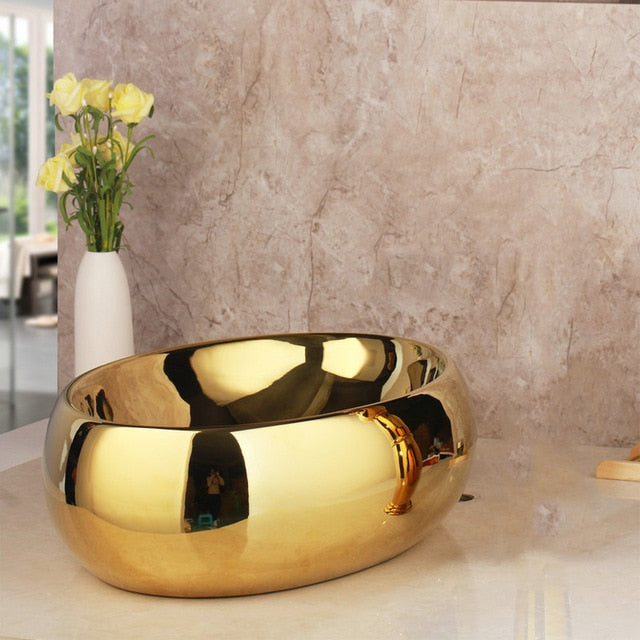 KEMAIDI  Golden Luxury Ceramic Washbasin Combine Mixer Faucets Set