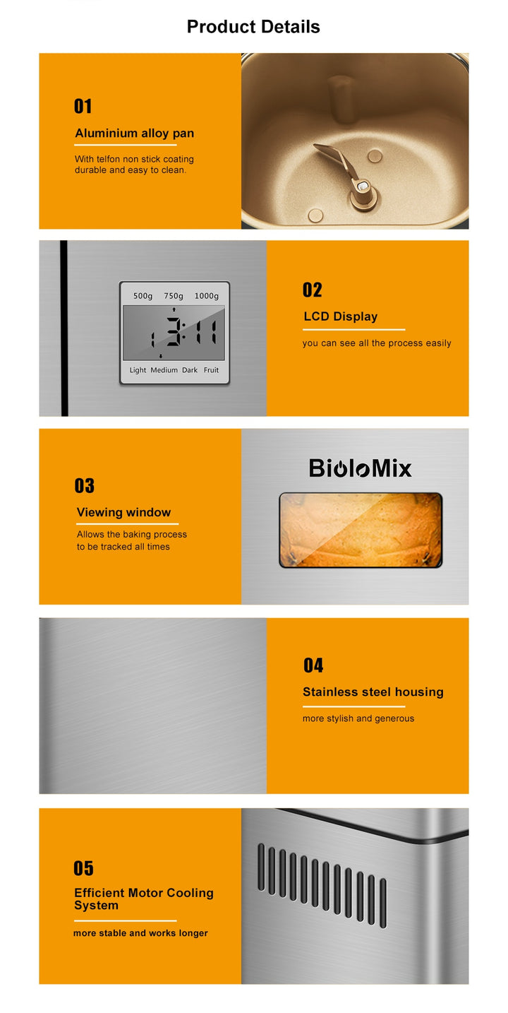 Biolomix Stainless Steel 1KG 19-in-1 Automatic Bread Maker 650W Programmable Bread Machine with 3 Loaf Sizes Fruit Nut Dispenser