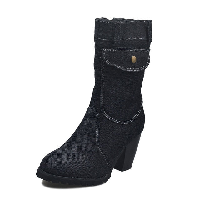 Blue jeans Women Mid-rise Rome Solid Slip-On Chunky Med Heels Boots