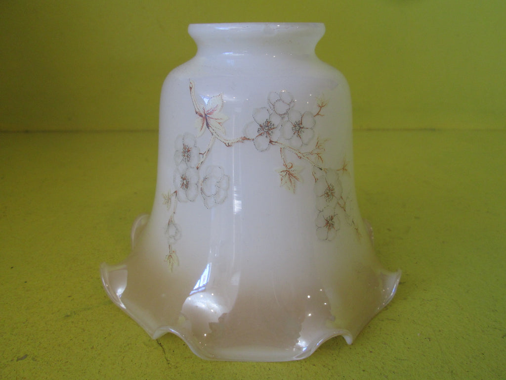 White Bell Shaped Frosted Shade with Amber Trim and Cherry Pattern with Scalloped Edge.  450H x 550W