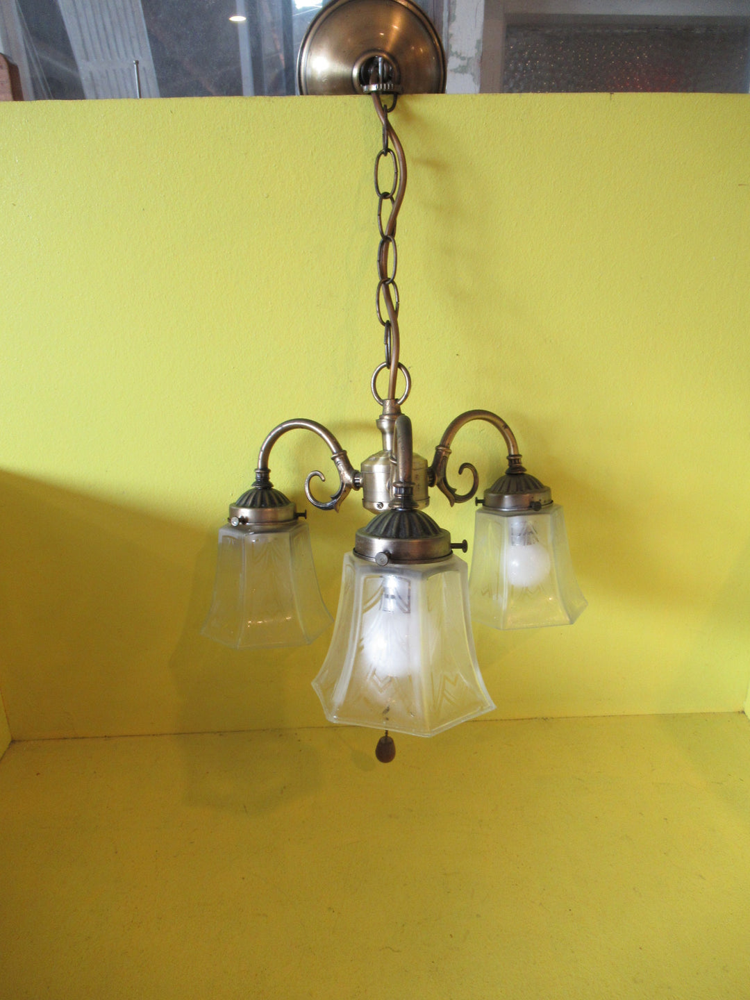 Vintage 3 way Bronze Pendant Ceiling Light with Patterned Frosted Shades.  500H x 310W