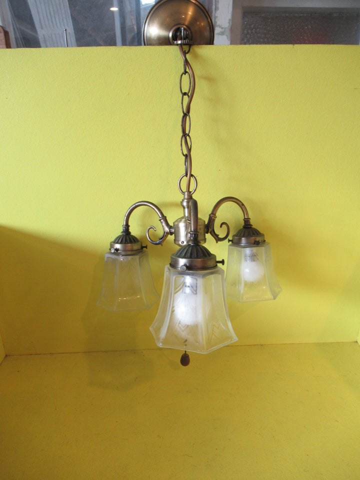 Vintage 3 way Bronze Pendant Ceiling Light with Patterned Frosted Shades.  500H x 310W