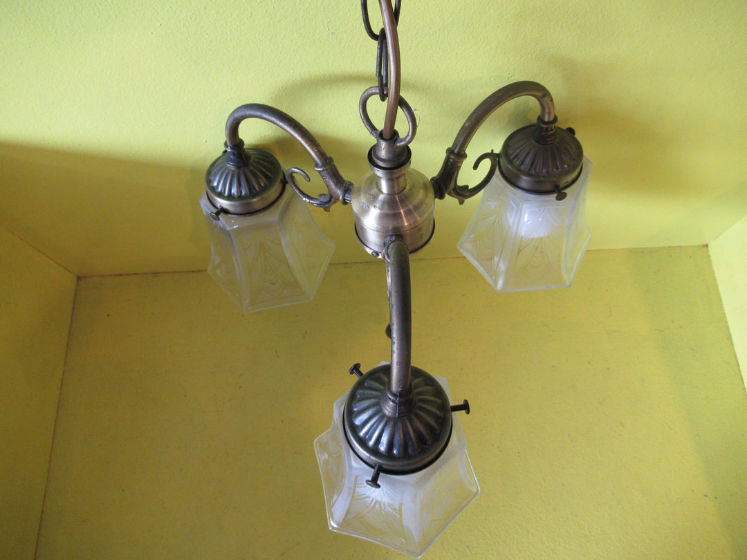 Vintage 3 way Bronze Pendant Ceiling Light with Patterned Frosted Shades.  500H x 310W