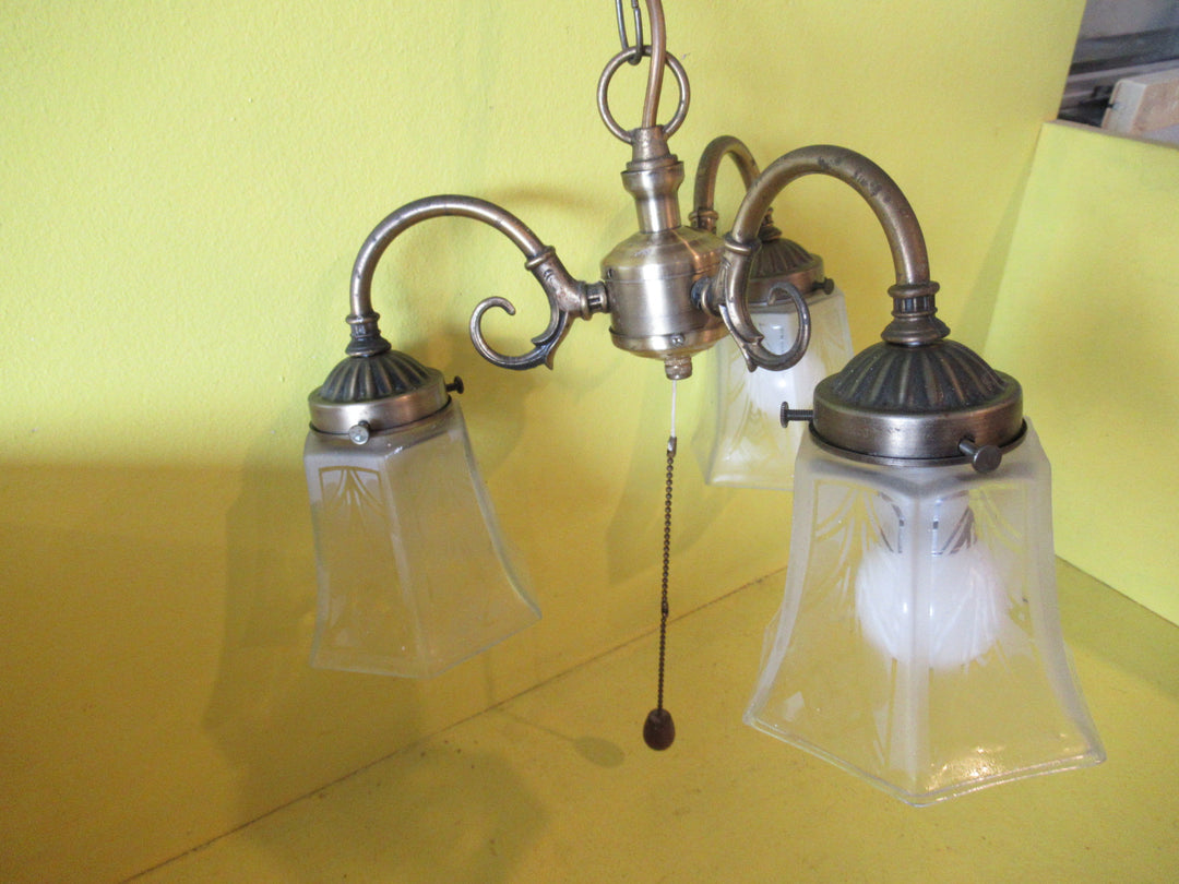 Vintage 3 way Bronze Pendant Ceiling Light with Patterned Frosted Shades.  500H x 310W