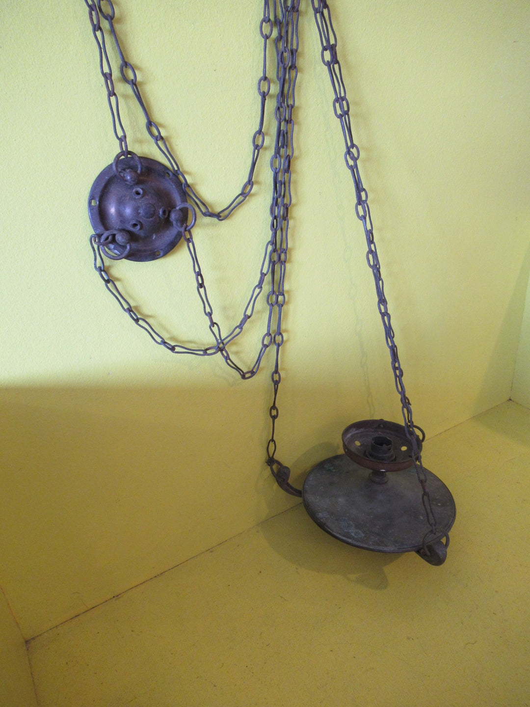 Antique Copper Dish Light with Three shell Decoration & Three Chain Hanger  1025H x 180W, Mounting Plate 87D